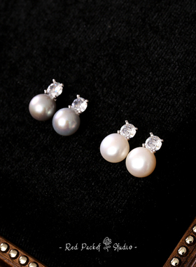 红口袋 法式复古天然淡水珍珠S925银针耳钉灰色简约精致镶钻耳饰