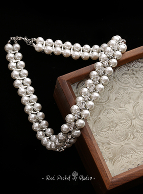 红口袋法式复古编织珍珠项链颈链choker礼服配饰短款项圈新娘饰品