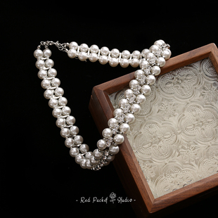 红口袋法式 项圈新娘饰品 复古编织珍珠项链颈链choker礼服配饰短款