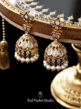 红口袋法式复古宫廷风S925银针高级微镶风铃耳环珍珠轻奢耳饰耳坠