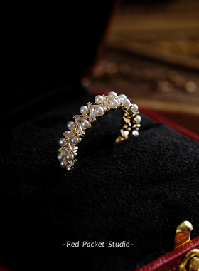 红口袋 复古优雅轻奢超闪日韩珍珠水钻波浪边开口可调节戒指指环