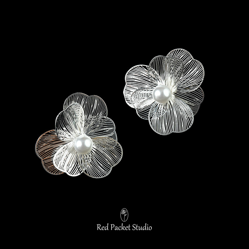 红口袋 法式复古vintage高级感轻奢花朵珍珠耳环S925银针夸张耳饰