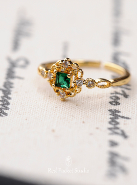 红口袋 Vintage复古宫廷风仿祖母绿宝石开口戒指高级感铜镀金指环