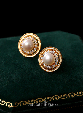 红口袋法式复古天然淡水珍珠圆形银针耳钉铜镀金轻奢镶钻耳环耳饰