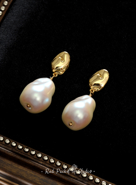 红口袋法式复古高级小众异形巴洛克珍珠耳环S925银针欧美辣妹耳坠