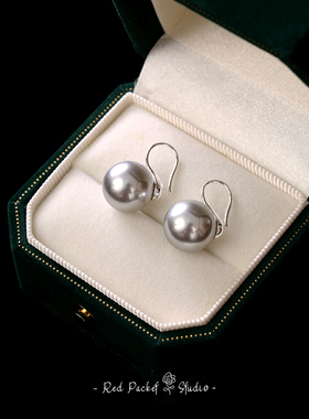 红口袋 法式复古经典高亮圆形真多麻银灰色珍珠耳环S925银针耳钩