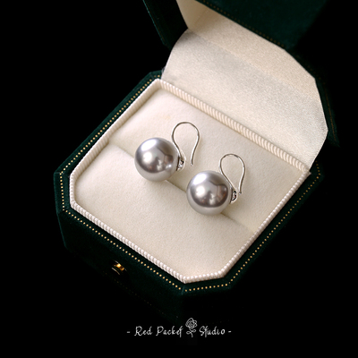 红口袋 法式复古经典高亮圆形真多麻银灰色珍珠耳环S925银针耳钩