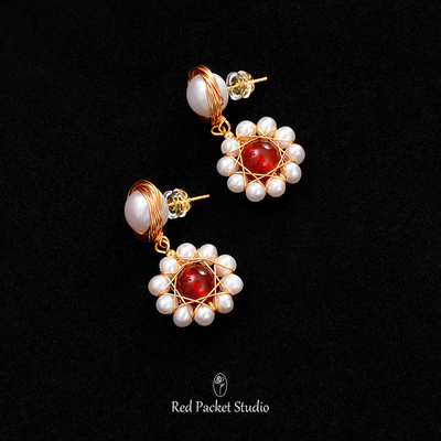 红口袋新中式复古手作天然淡水珍珠红玛瑙耳环S925银针中国风耳坠