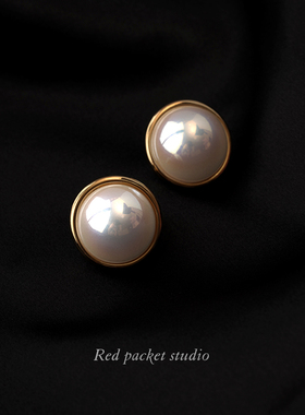 红口袋 经典复古圆形赫本风夸张大珍珠耳环S925银针耳钉无洞耳夹