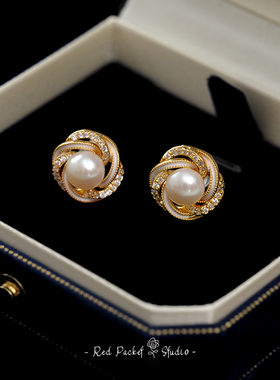 红口袋 法式复古天然淡水珍珠耳钉精致优雅镶钻S925银针耳环耳饰