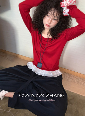 CZ ZHANG 2026早春花边拼接羊毛针织衫女甜美大圆领套头毛衣打底