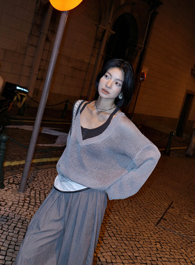 COMOS CMS 2026新款时尚气质假两件镂空V领百搭针织衫女秋上衣