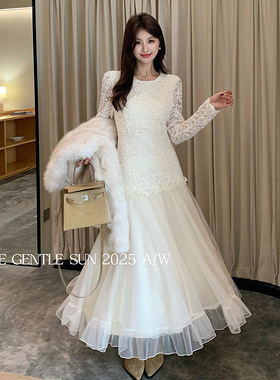 SE GENTLE SUN秀熙熙2025冬新款法式气质拼接蕾丝网纱修身连衣裙