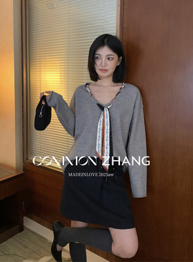 CZ ZHANG 2026新款V领拼接丝巾毛衣女学院风宽松休闲套头针织衫