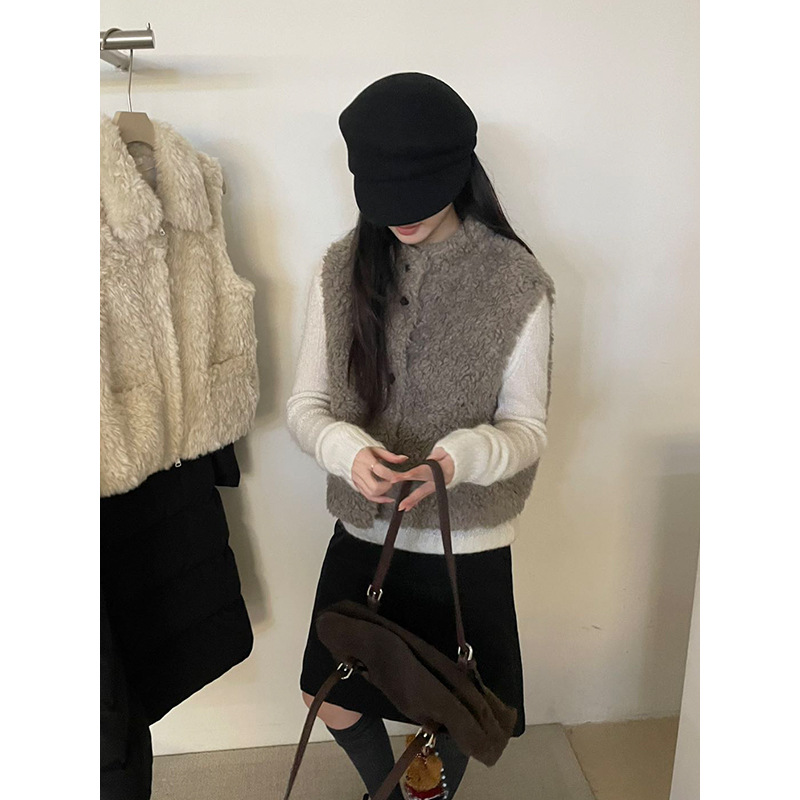 Vera薇宁～韩系 2025冬新款立领皮毛一体马甲休闲毛绒坎肩背心