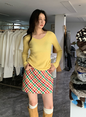 SROOM 2026新款无缝一体秋冬V领针织衫女套头纯色毛衣内搭打底衫