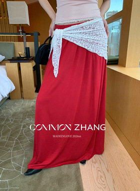 CZ ZHANG 2026早春甜美松紧腰高腰垂感A字半身裙女红色休闲长裙