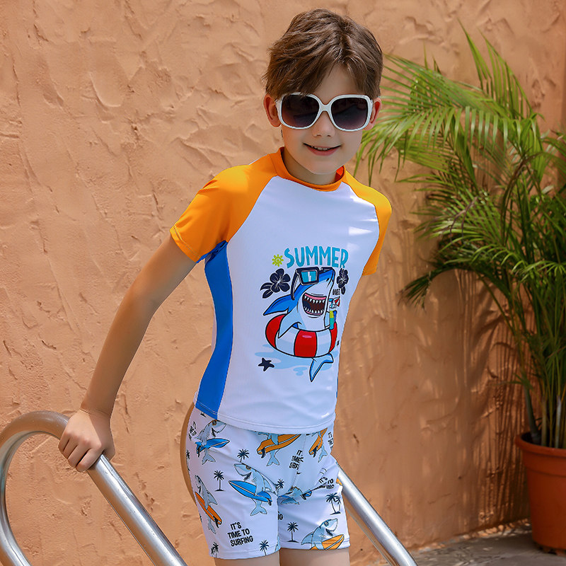 男童卡通泳衣短袖平角泳裤男童男孩沙滩速干两件套泳衣可爱宝宝