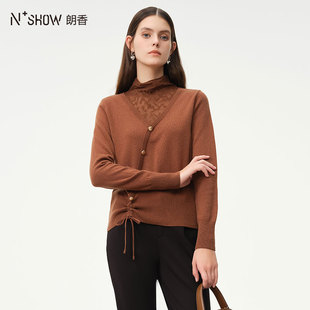 NOWSHOW朗香冬季新品全羊毛打底衫时尚蕾丝拼接毛衣234021