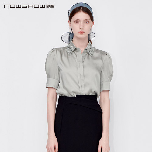 nowshow朗香绣花领光泽感衬衫