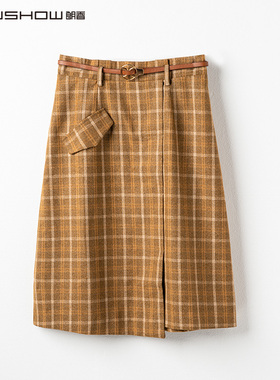 NOWSHOW朗香米咖色格型百搭半身裙203013