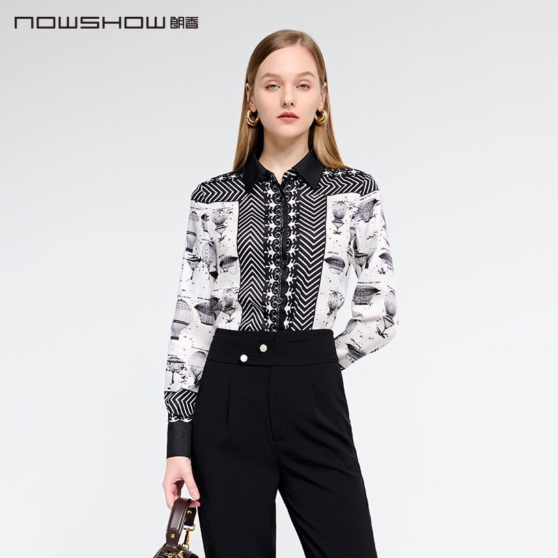 朗香黑色复古印花气质衬衫