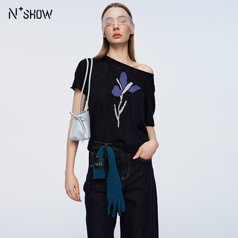 NOWSHOW朗香夏季新品韩版气质花卉短袖毛衫262025