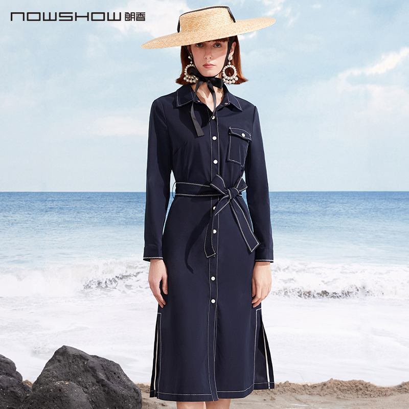 NOWSHOW朗香藏青色配撞色压线开衩风衣式连衣裙201075