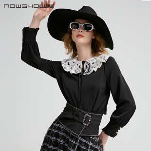213055 黑色蕾丝大翻领衬衫 NOWSHOW朗香秋季 新品