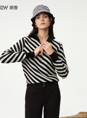 NOWSHOW朗香冬季新品法式优雅大翻领条纹毛衣复古时髦上衣234010
