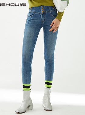 NOWSHOW朗香时尚三排扣修身显瘦加绒牛仔裤224002