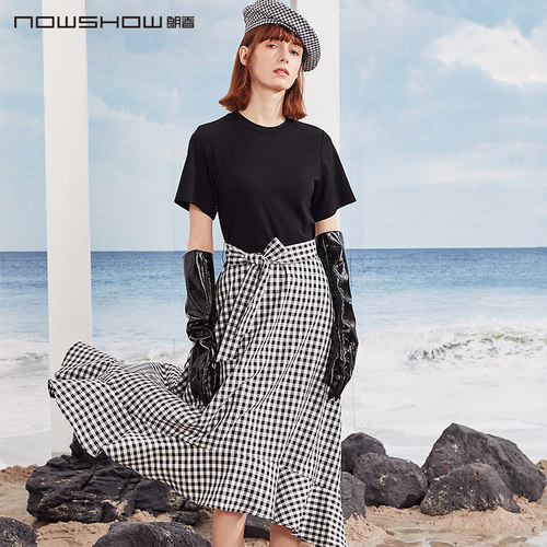 NOWSHOW朗香黑色不规则下摆拼接连衣裙202096