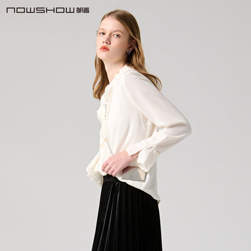 nowshow朗香白色v领压褶衬衫
