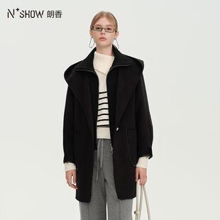 NOWSHOW朗香冬季新品都市黑色山羊绒连帽大衣244048
