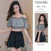 一字肩高腰分体泳衣女 格子夏季 2023新款 网红风保守遮肚显瘦时尚