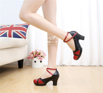 真牛皮三步踩舞鞋轻质交谊舞高跟现代舞鞋女水兵广场舞蹈鞋红色银