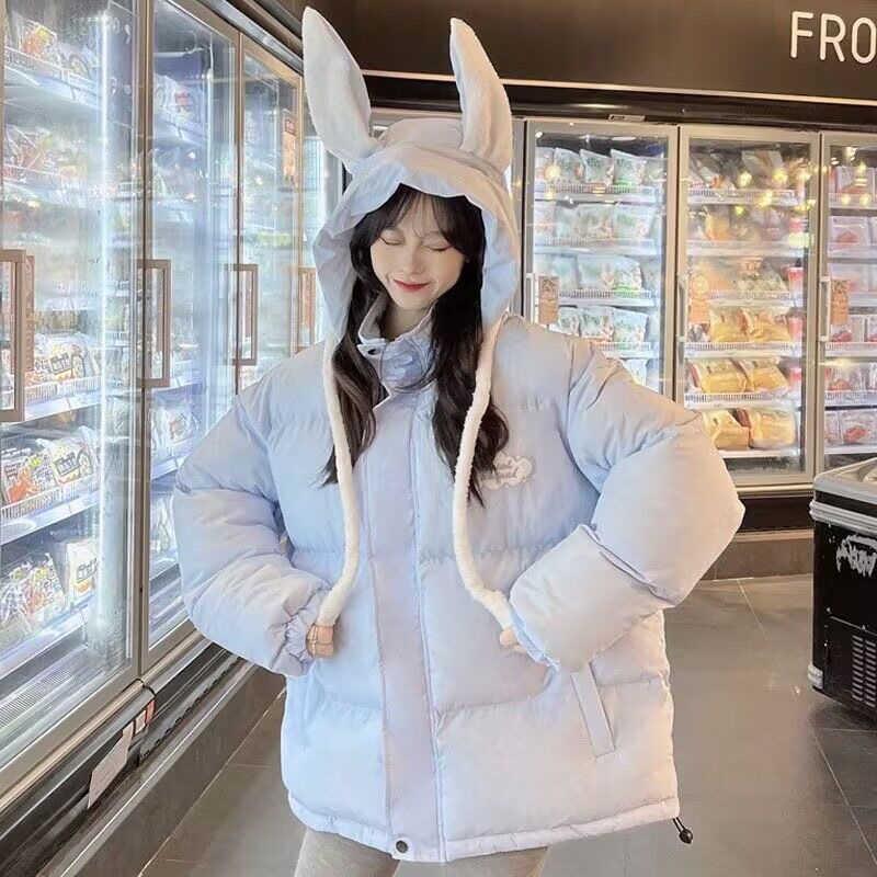 2025冬季棉衣会动兔耳朵外套加厚新款连帽学生棉服女小众设计款潮