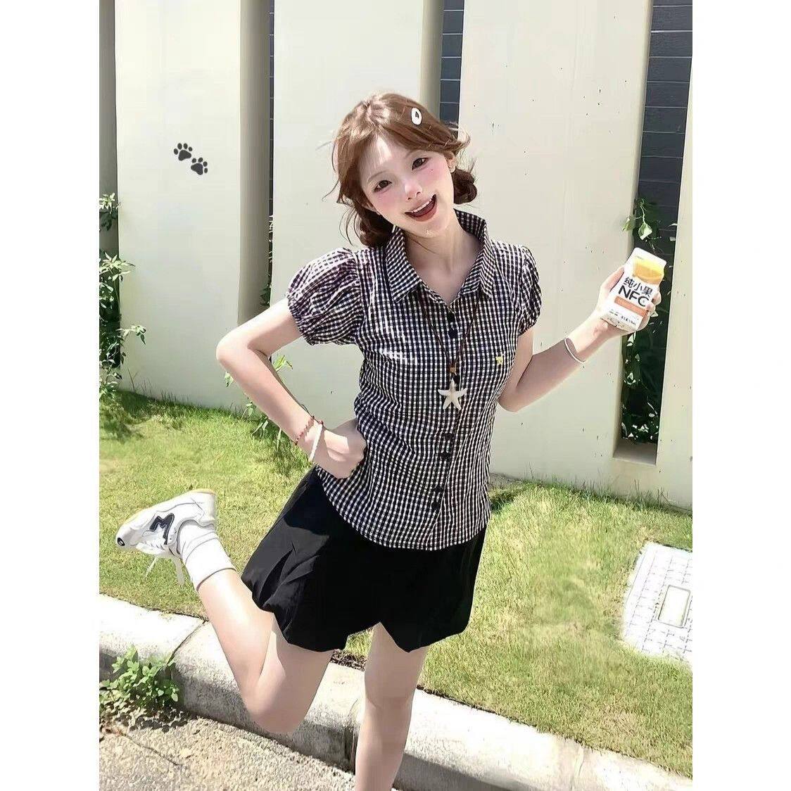 套装女复古格子减龄少女短袖衬衫上衣显瘦高腰黑色花苞裤裙两件套