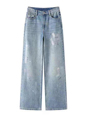 艾家商场同款百搭高腰涂鸦宽松直筒裤女显瘦阔腿牛仔裤223238