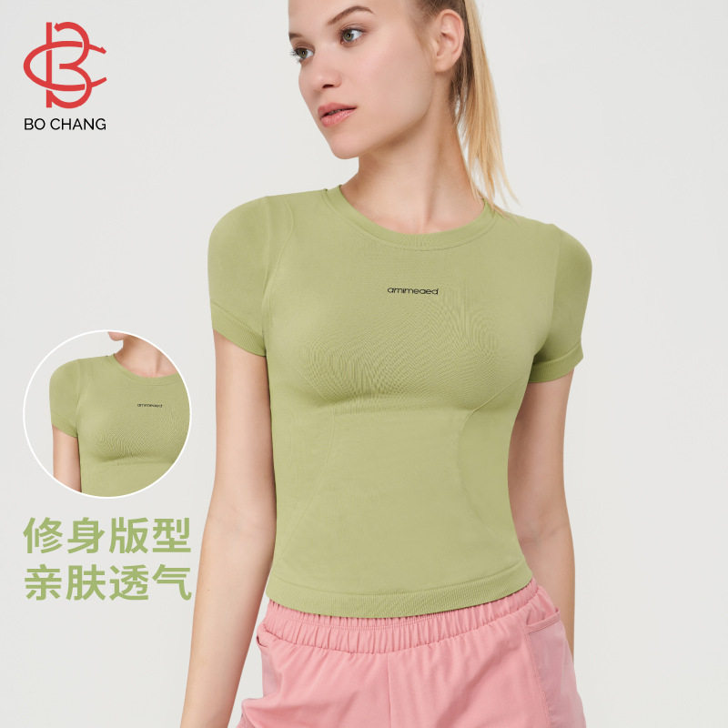 运动短袖T恤女透气吸汗高弹力速干普拉提修身紧身健身瑜伽服上衣