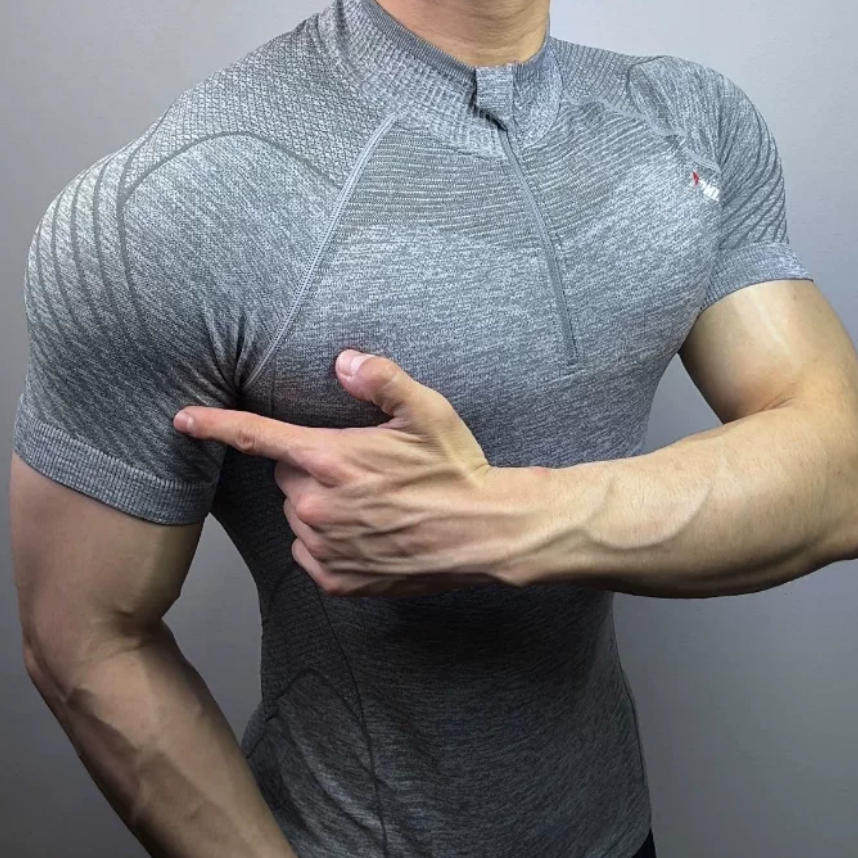 半拉链男式运动健身上衣训练紧身衣服显大肌肉衫兄弟弹力速干短袖