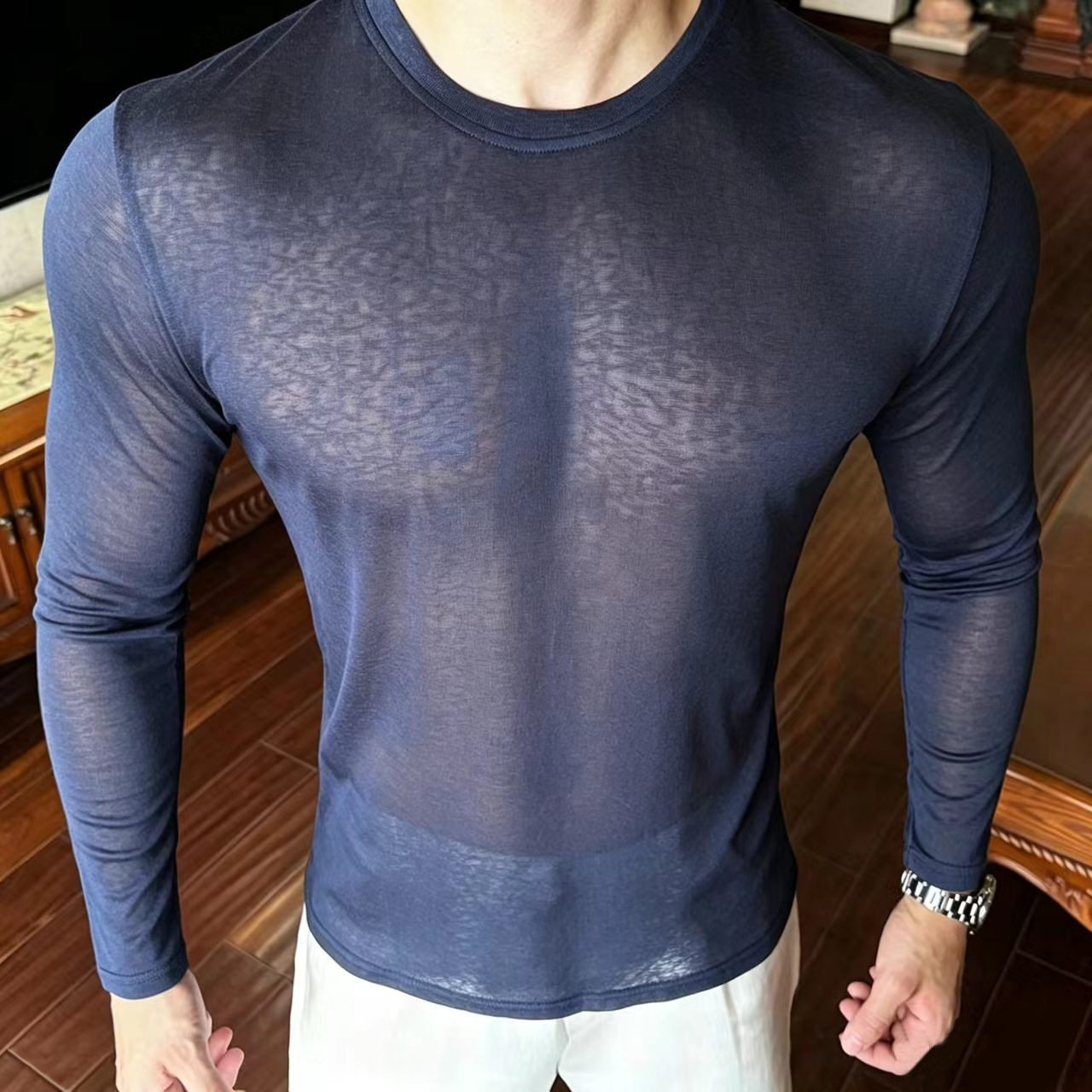 冰丝弹力速干男士长袖t恤健身训练紧身衣男打底衫运动衣服显大T恤