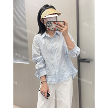 清新秋季新款设计感压褶荷叶边下摆衬衫翻领长袖棉质上衣娃娃衫