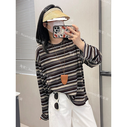 复古咖色条纹长袖T恤上衣打底衫