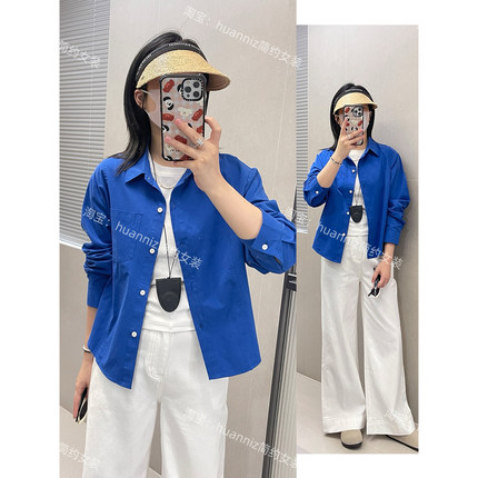 ju显白克莱因蓝衬衫翻领长袖25早秋新款短款小个子薄外套上衣女