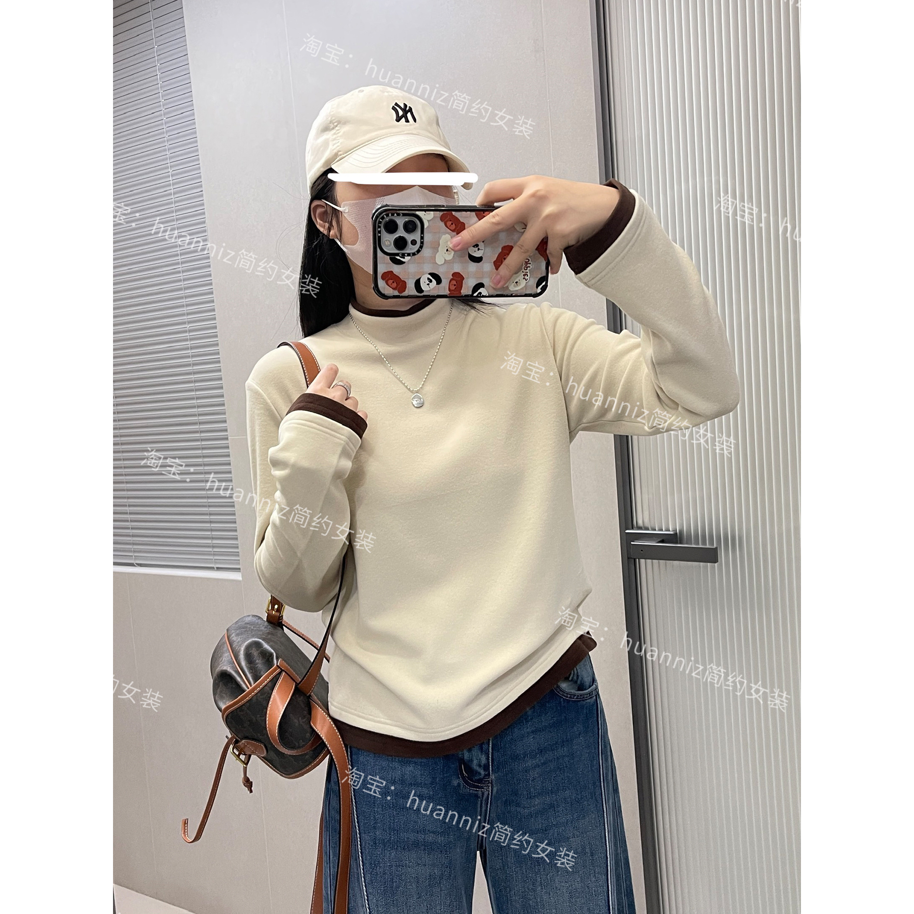 双面德绒T恤半高领假两件打底衫