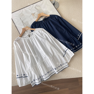 遮肚小个子显瘦韩风灯笼袖 娃娃衫 上衣女 花边刺绣圆领衬衫 26春季