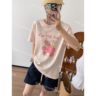 韩系撞色水果刺绣雪花棉T恤夏季女宽松大版舒适圆领短袖上衣体恤