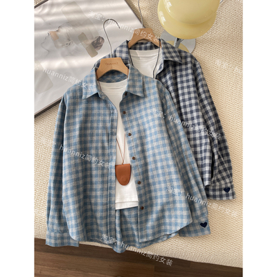 26春季新款韩系蓝色格子衬衫磨毛