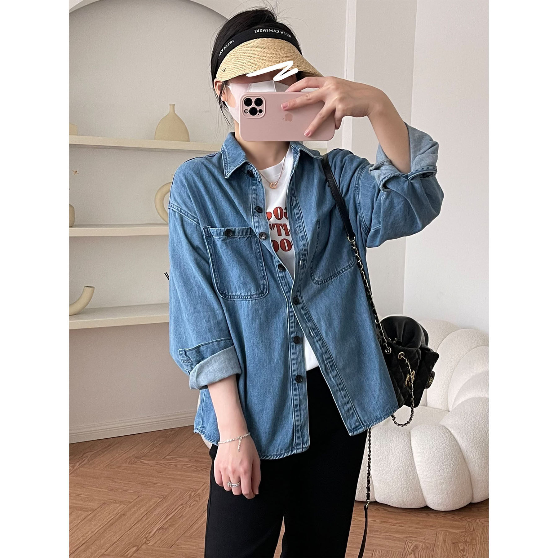 新款品质莱赛尔牛仔衬衫不对称口袋翻领宽松内搭打底外套上衣女春